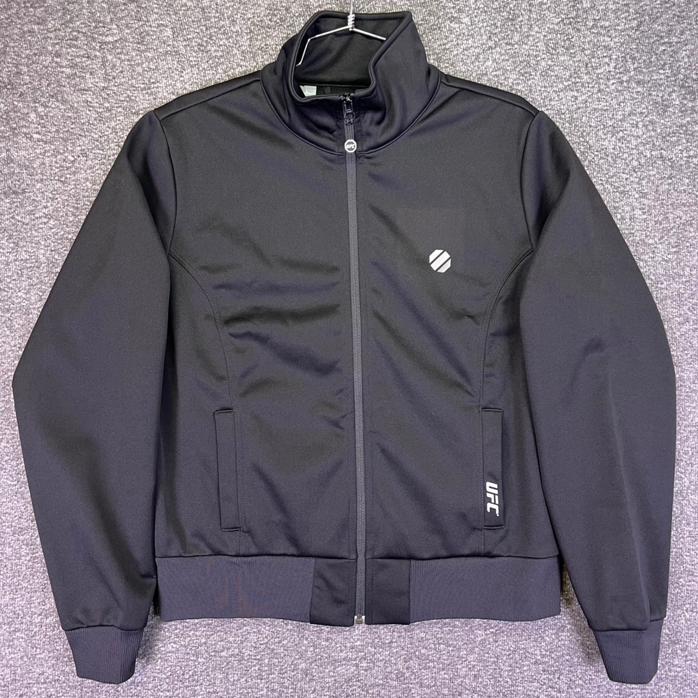 UFC Track Jacket Womens L Black Reflective Zip Up Fleece Ring Girl Athleisure